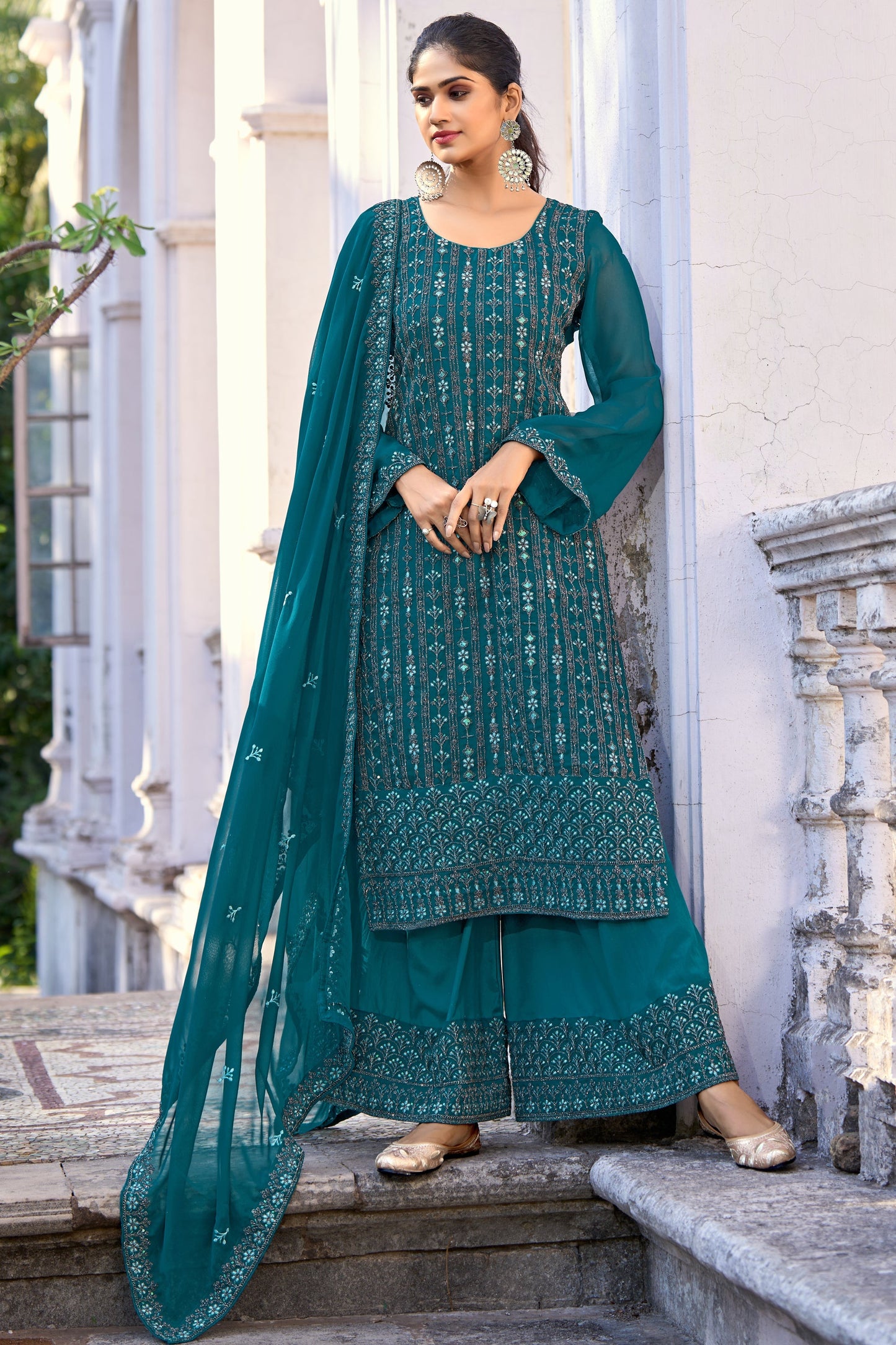 Teal Color Festive Wear Embroidered Palazzo Salwar Kameez In Art Silk Fabric