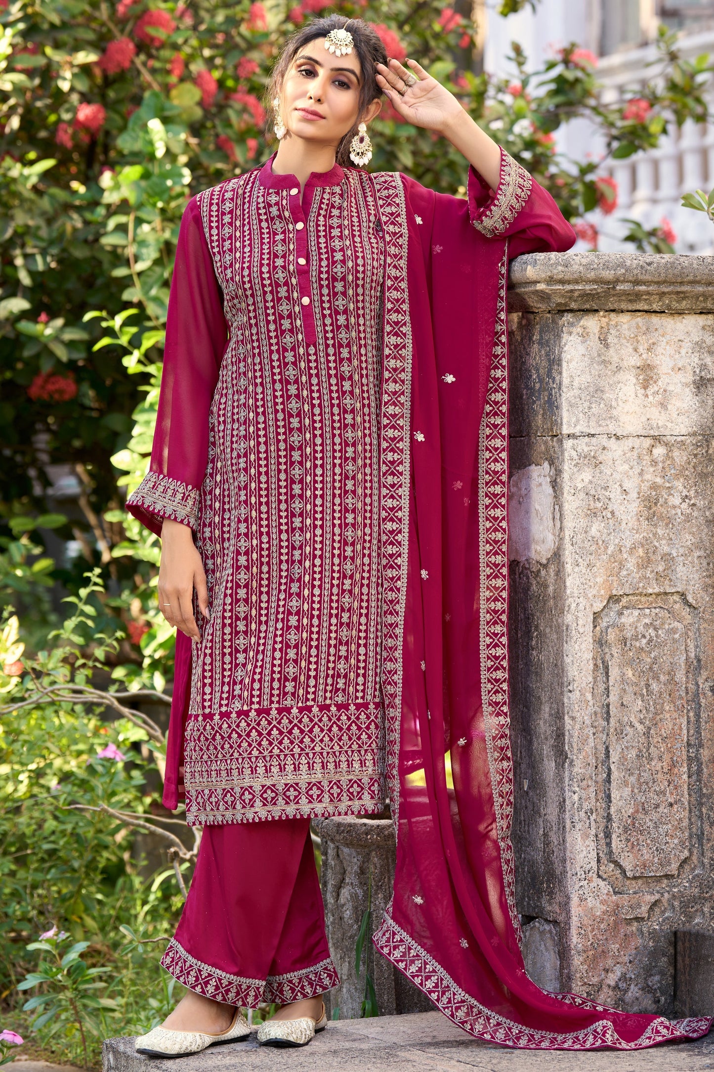 Rani Color Wedding Wear Embroidered Salwar Suit In Art Silk Fabric