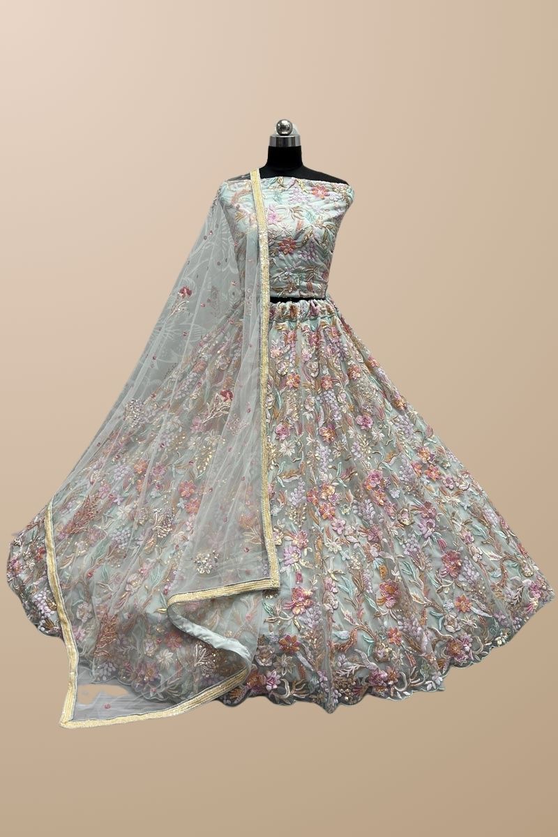 Sea Green Color Gorgeous Net Fabric Bridal Lehenga Choli