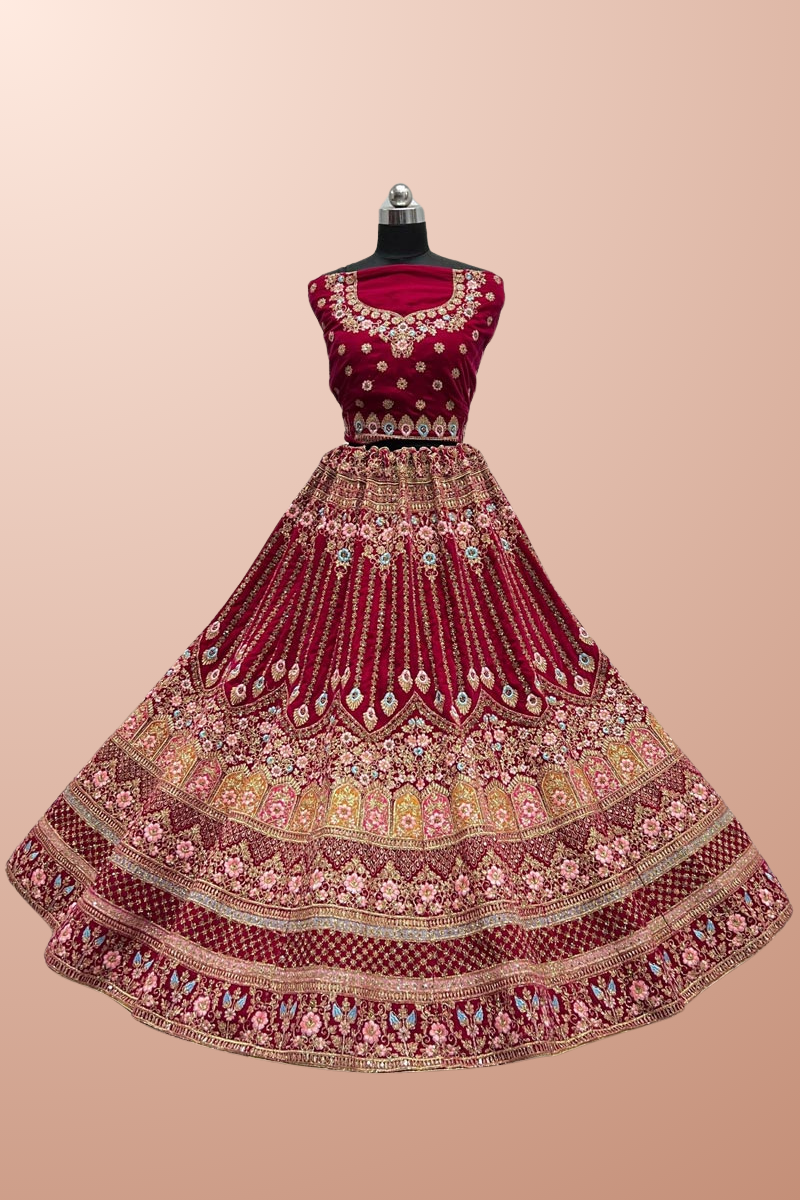 Pink Color Aristocratic Wedding Wear Bridal Lehenga In Velvet Fabric