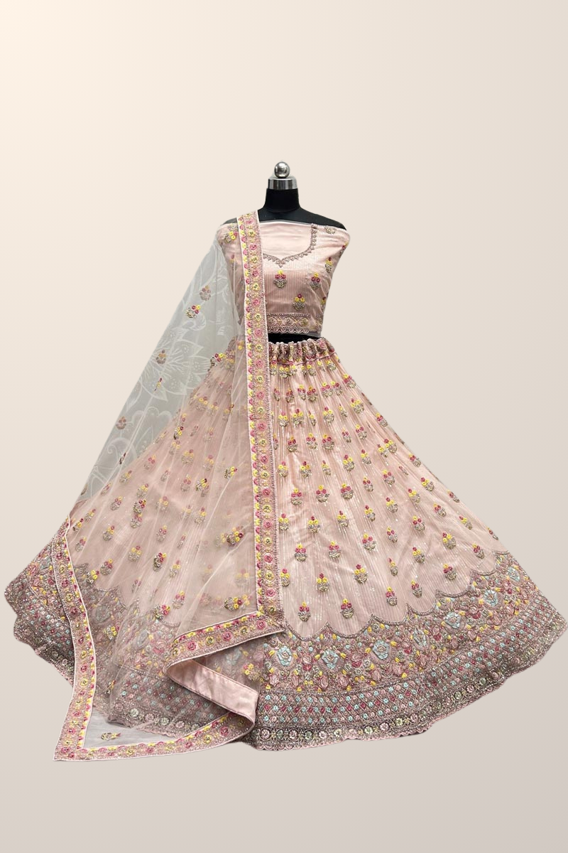 Peach Color Net Fabric Adorming Wedding Wear Bridal Lehenga