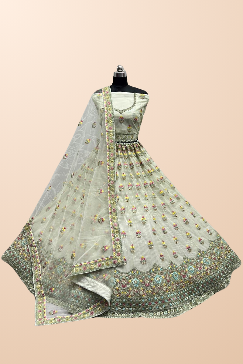 नेट फैब्रिक समुद्री हरे रंग का वेडिंग वियर विंसम ब्राइडल लहंगा
