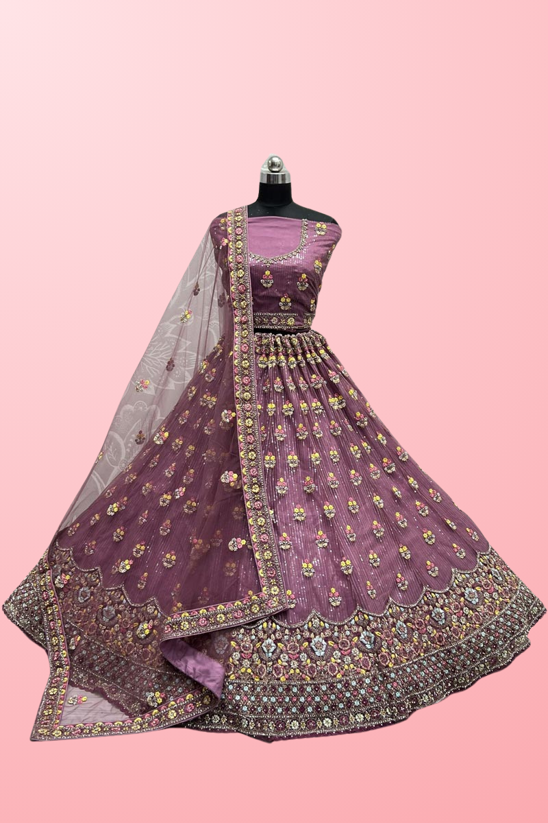 Purple Color Net Fabric Wedding Wear Awesome Bridal Lehenga