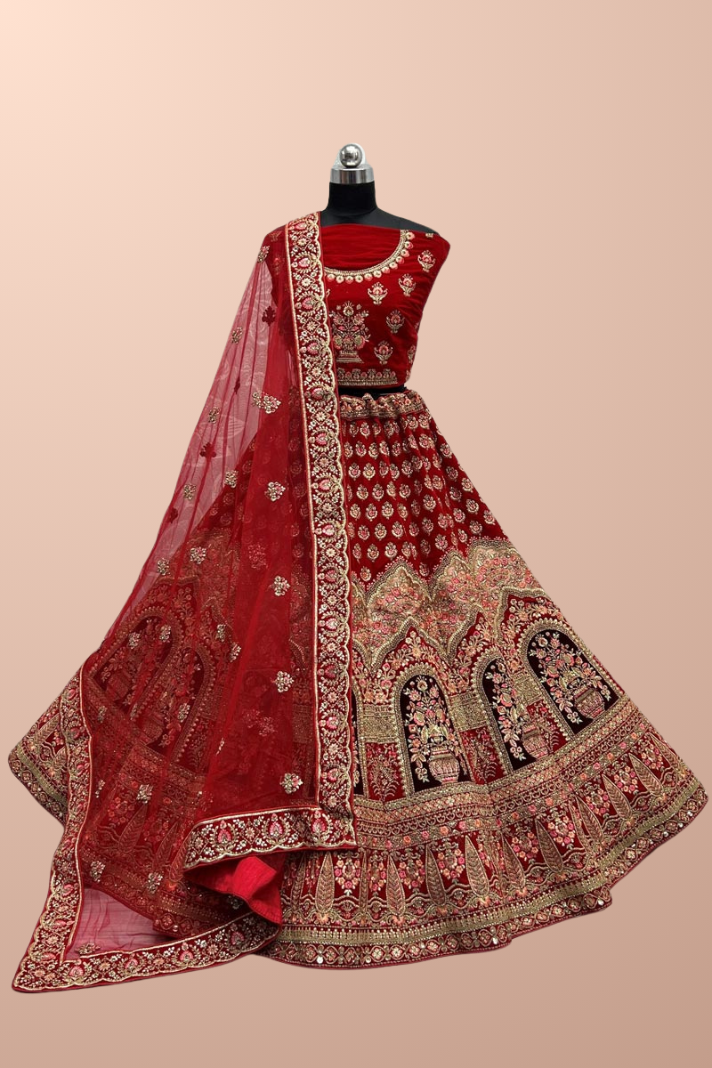 Trendy Thread Embroidered Velvet Fabric Red Bridal Look Lehenga