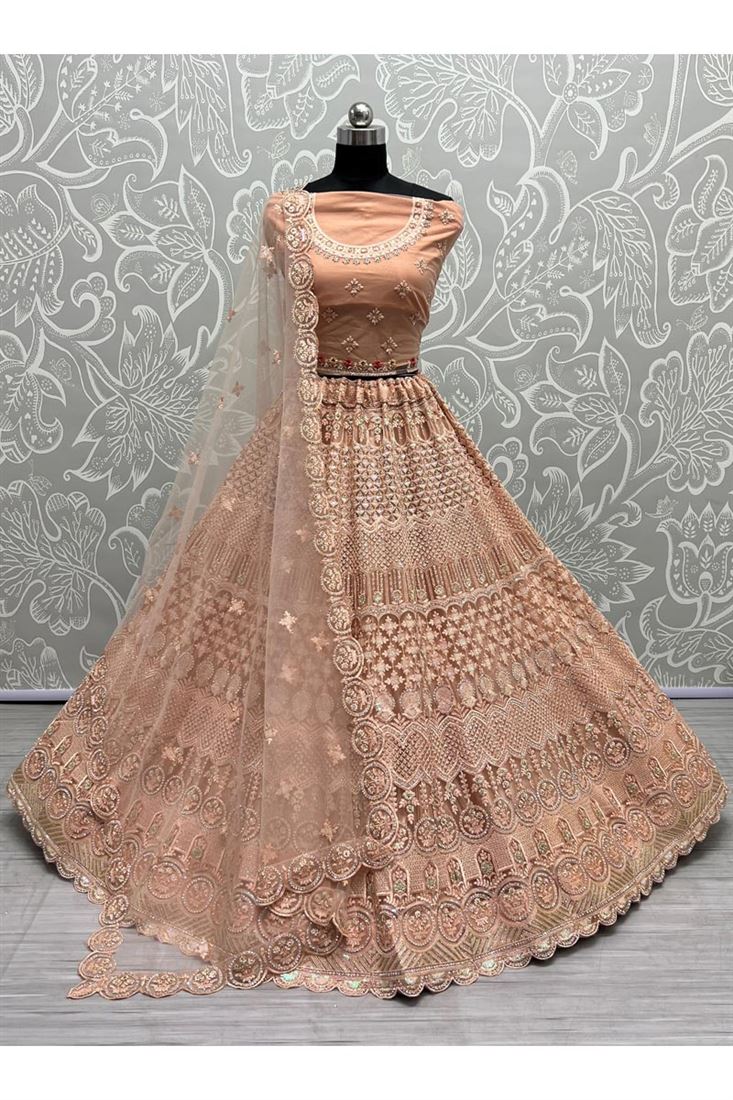 Peach Color Net Fabric Adorming Wedding Look Bridal Lehenga
