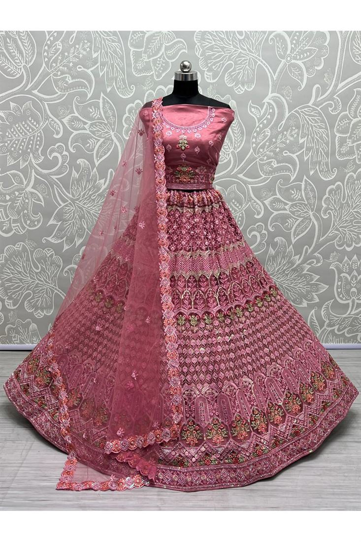 Pink Net Fabric Appealing Sequins Work Bridal Lehenga