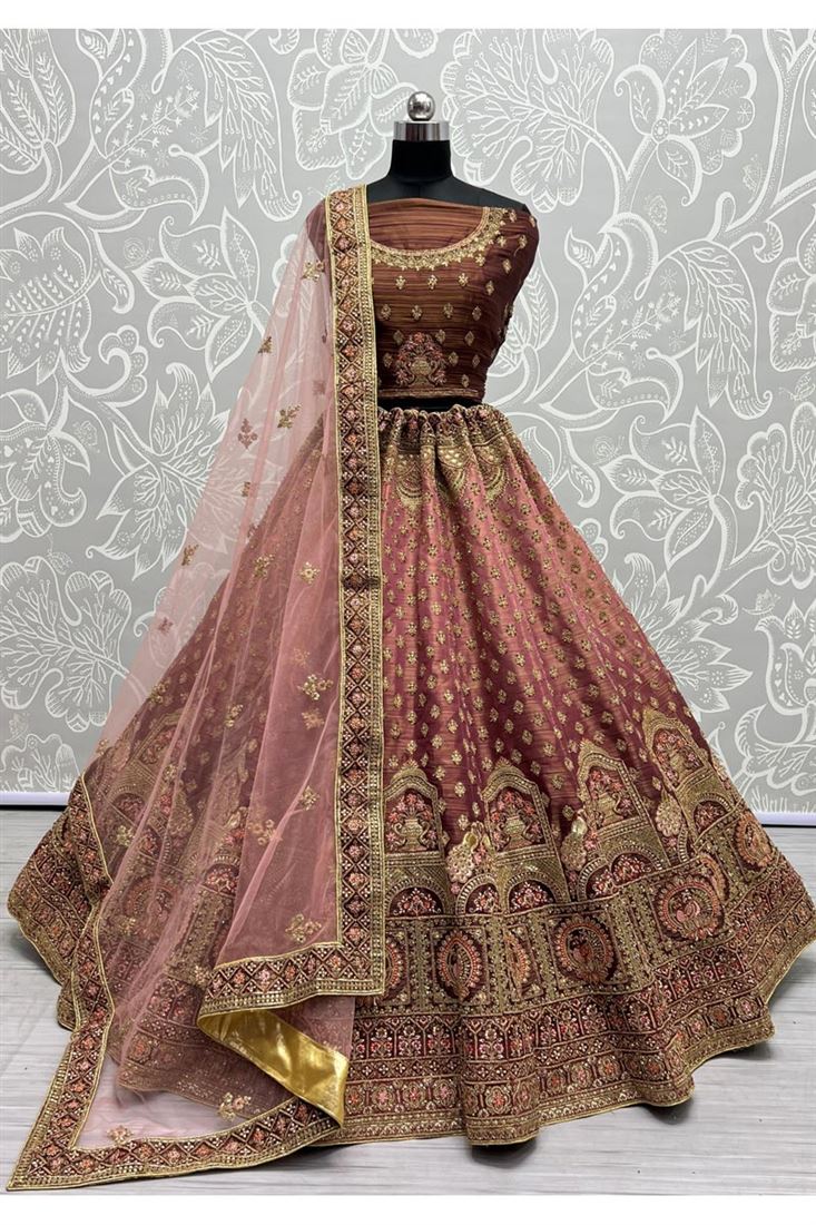 Chikoo Color Enchanting Net Bridal Lehenga with Sequins Work For Wedding Glamour