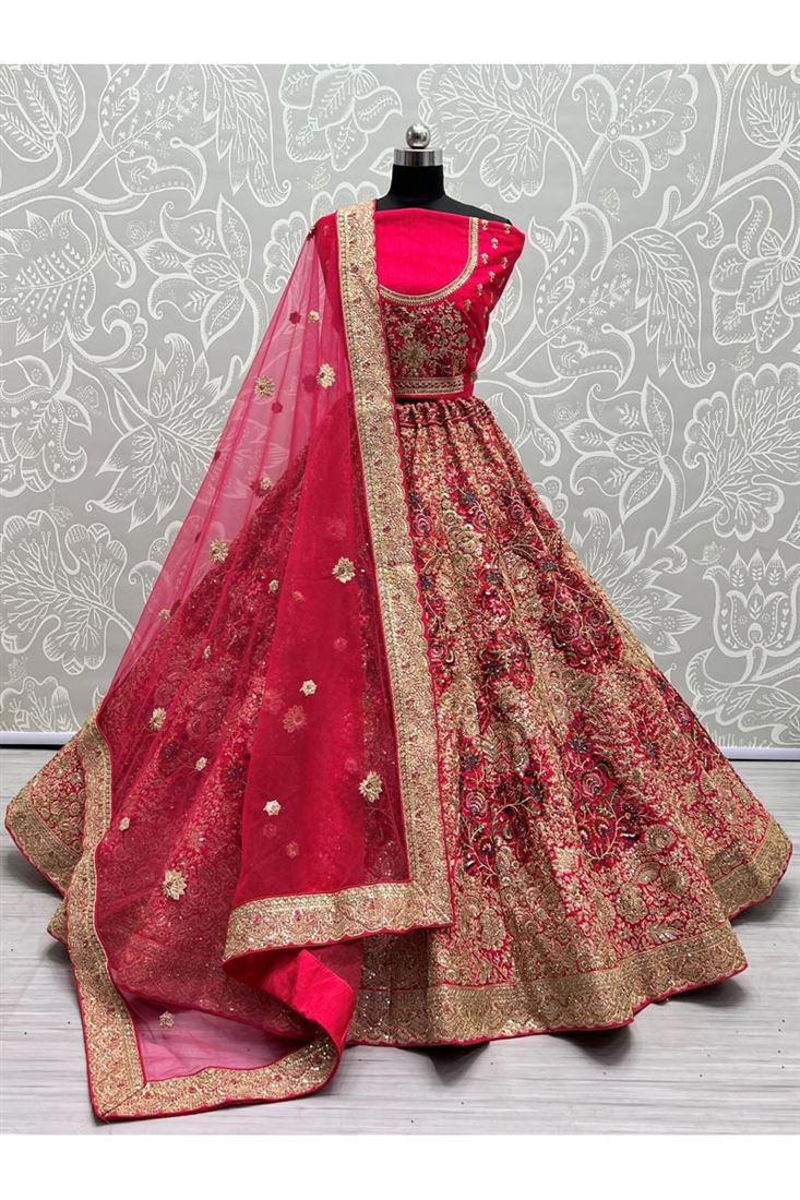 Luxurious Grand Wedding Bridal Embroidered Silk Fabric Lehenga in Rani Color
