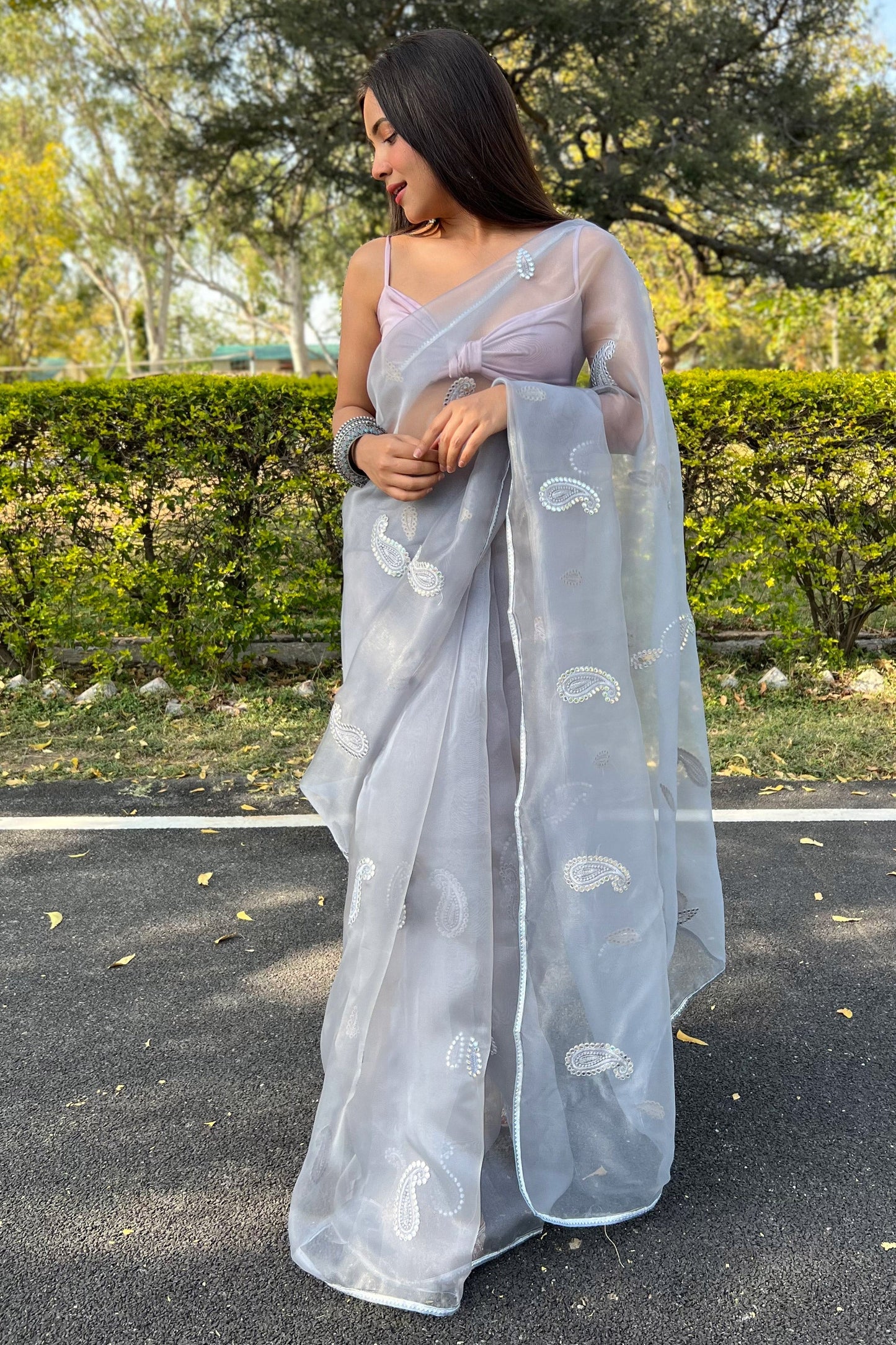 ग्रे ऑर्गेंजा कढ़ाई वर्क साड़ी ब्लाउज के साथ