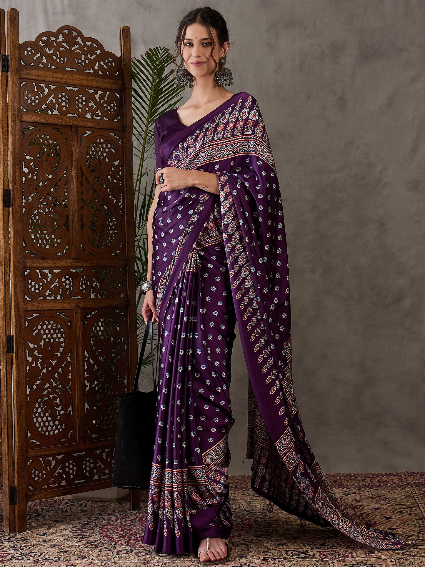 Rana Pure Semi Modal Silk Floral Printed Purpul Saree