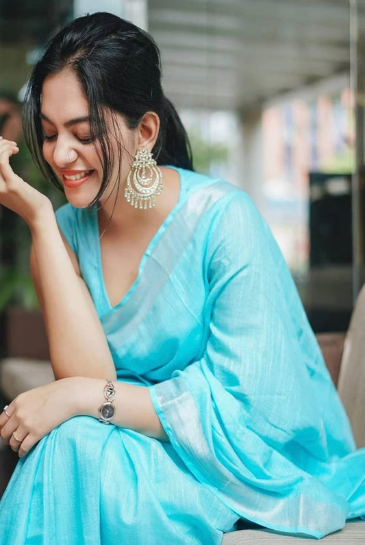 Sky Blue Color Cotton Linen Saree With Blouse