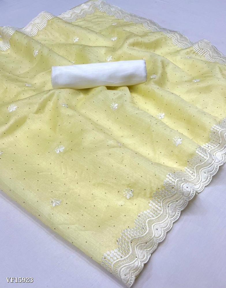 शुद्ध मुलायम ऑर्गेना स्टोन वर्क साड़ियाँ सुंदर कढ़ाई बॉर्डर के साथ कट वर्क के साथ