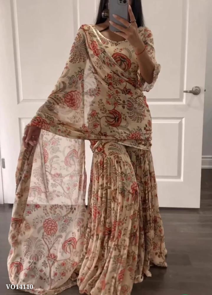 शरारा साड़ी दुपट्टे के साथ- प्रीमियम जॉर्जेट, सुंदर डिजिटल प्रिंट, सिल्क इनर, सुंदर 9 मिमी सेक्विन वर्क लेस के साथ। दुपट्टा के साथ- 2.75 मीटर