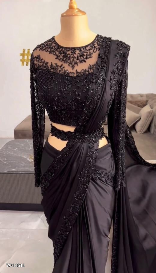 Saree"Sequence work fancy black to black matching broder with blouse piece