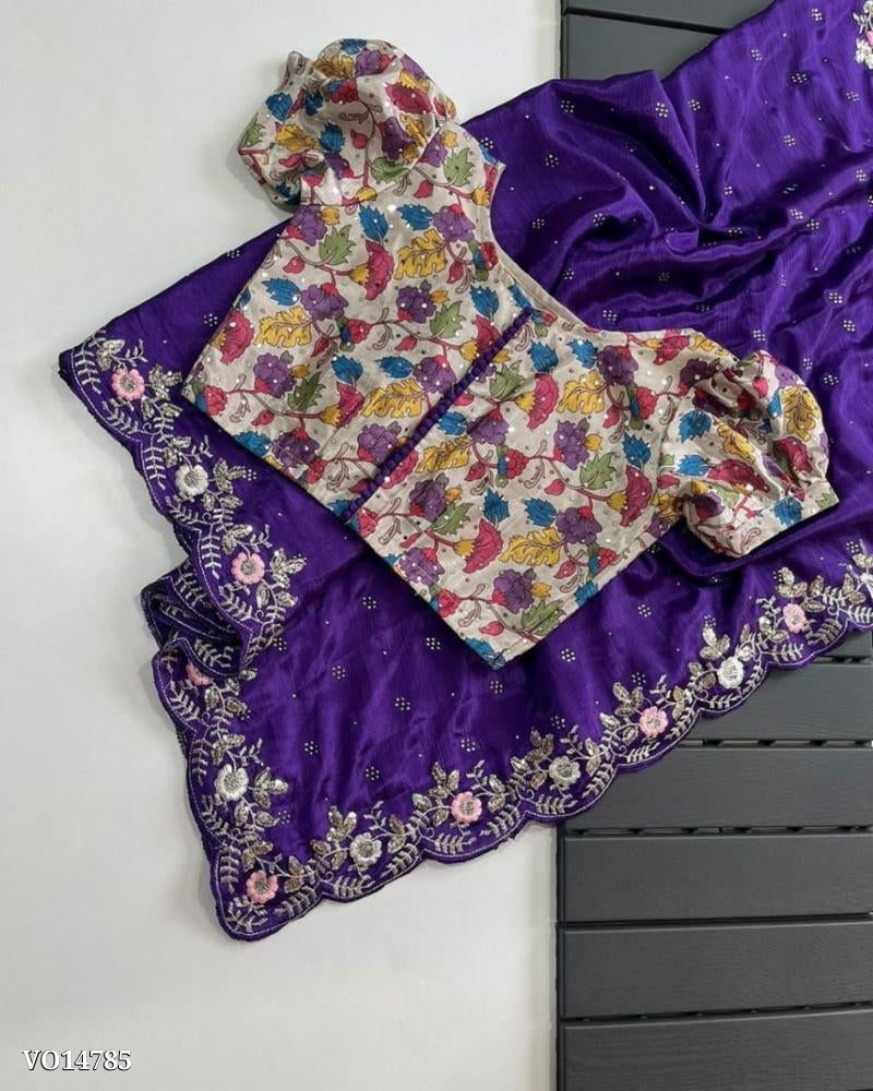 Soft Chinnon Silk Fabric Along With Designer Mukaish & C - Pallu Sequence & Zari & Threads Work In Saree. Border Along With Designer Printed Blouse With Butties Work Along With Cutwork