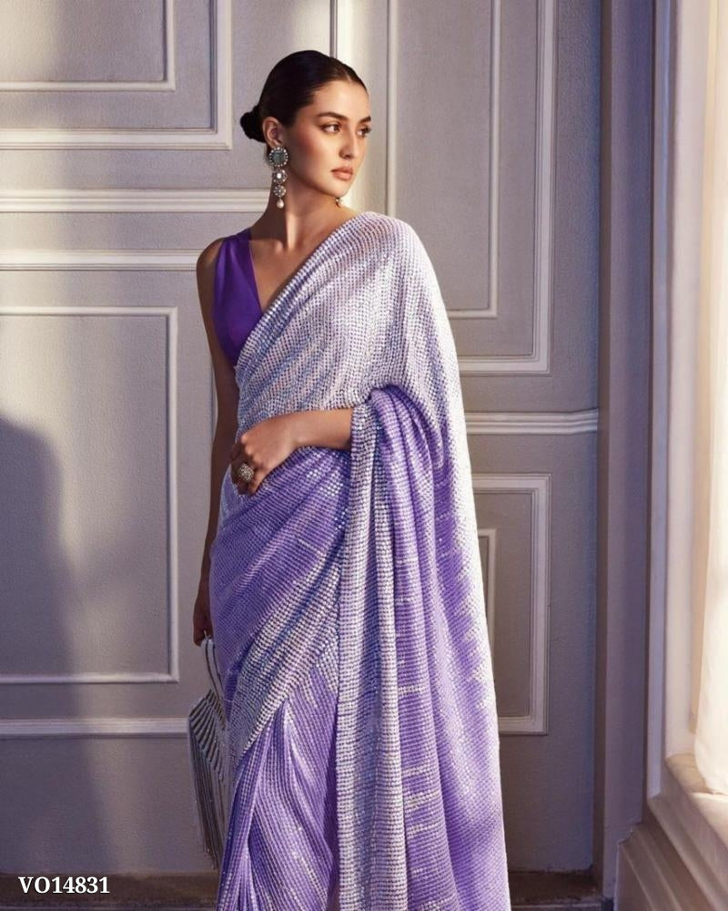 Georgette With Beautiful 3+5 MM Sequence Work All Over Saree With Border Piping