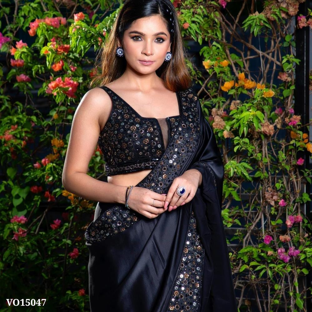 Soft Black Rangoli Silk Fabric With Designer 4 - Different Sequence Work Along With Designer Zalar & Full Heavy Work Full Stitched Blouse