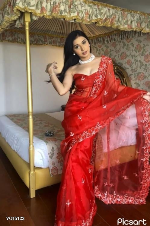 Premium Organza Silk Embellished With Beautiful Thread Embroidery Work With Cutwork Border with blouse