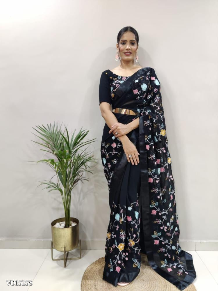 Premium Georgette Embellished With Multicolour Thread Embroidery Work with blouse