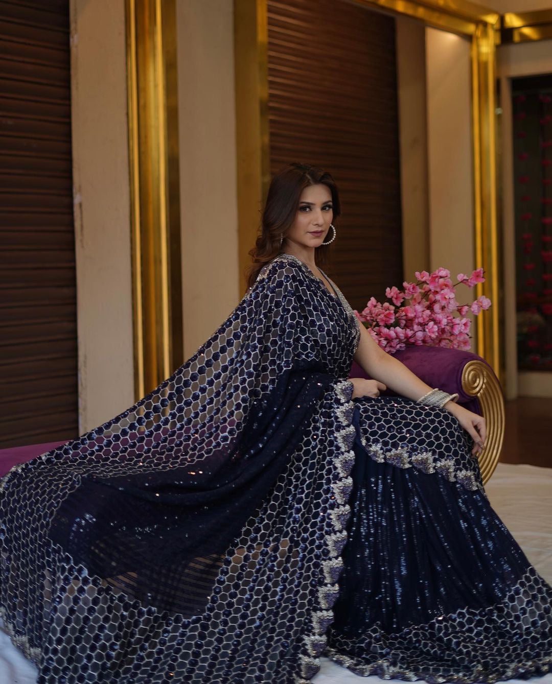 जॉर्जेट डबल सीक्वेंस वर्क साड़ी