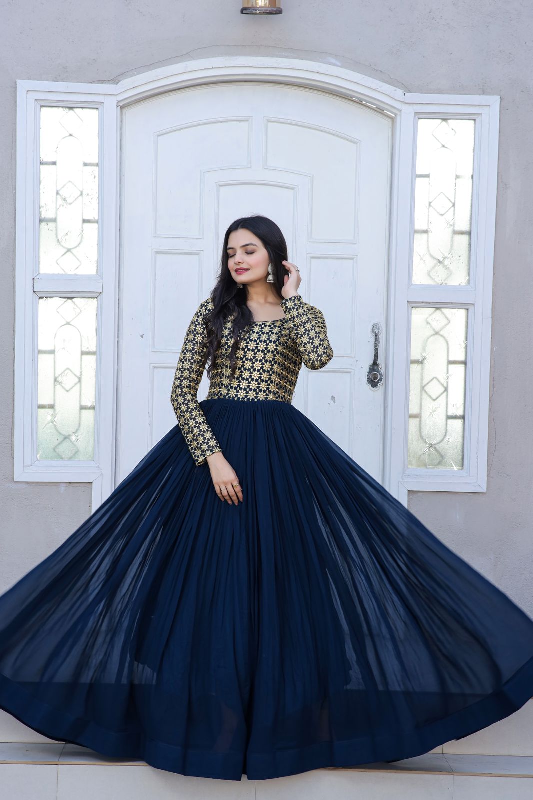 Women Embroidered Georgette Gown Blue