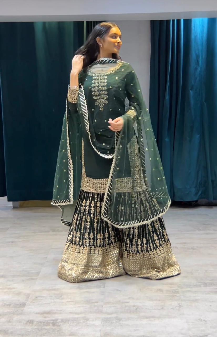 शादी में पहनने के लिए बोतल ग्रीन कढ़ाई वाला शरारा सूट