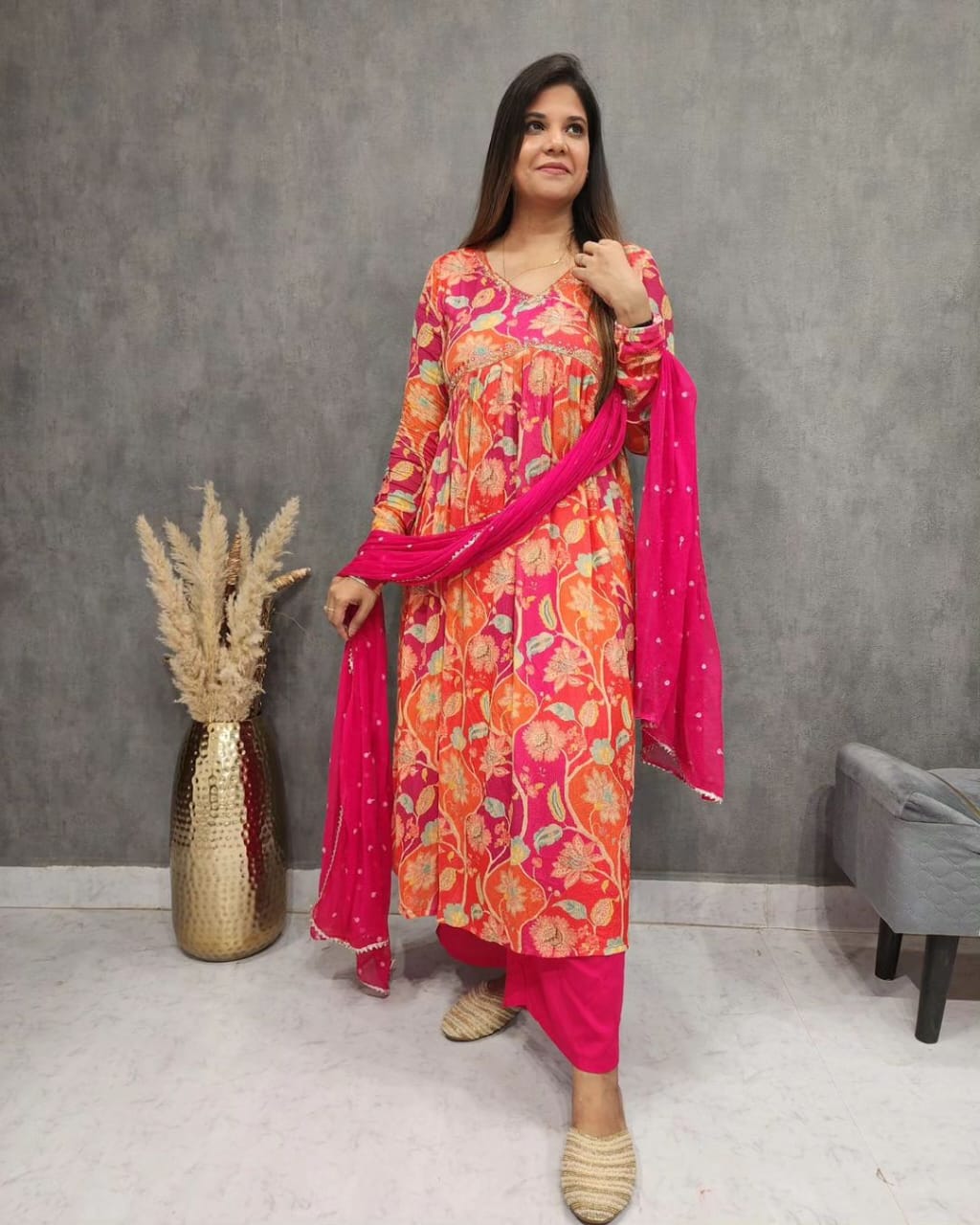 Traditional Wear Women Dresses, Maslin Fabric Embroidered Work Alia Cut Anarkali Style Kurti With Pant And Dupatta Set, Full Flared Dress