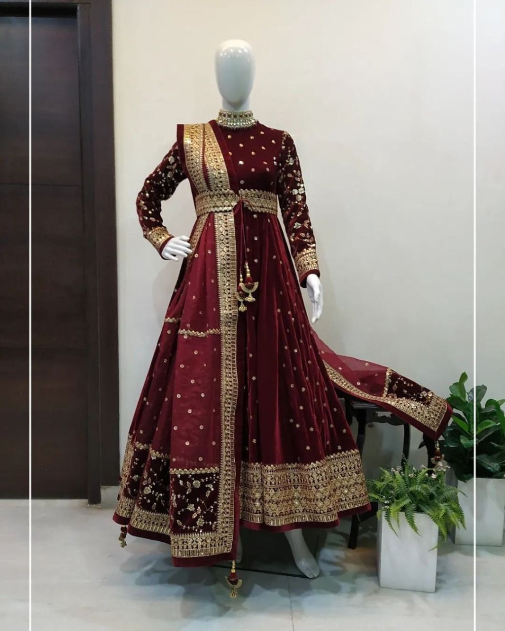 Maroon color 9000 Velvet Wedding Dress