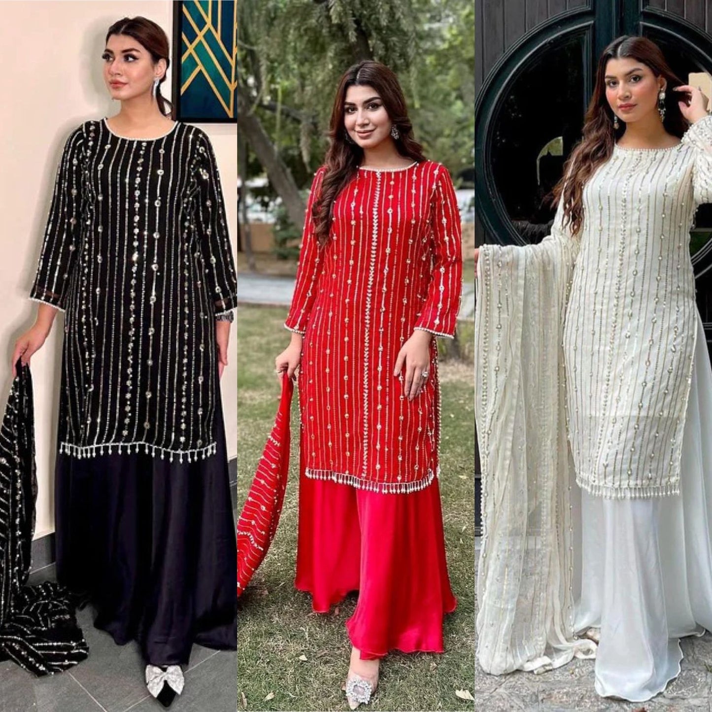 महिला जॉर्जेट कुर्ता पलाज़ो दुपट्टा सेट