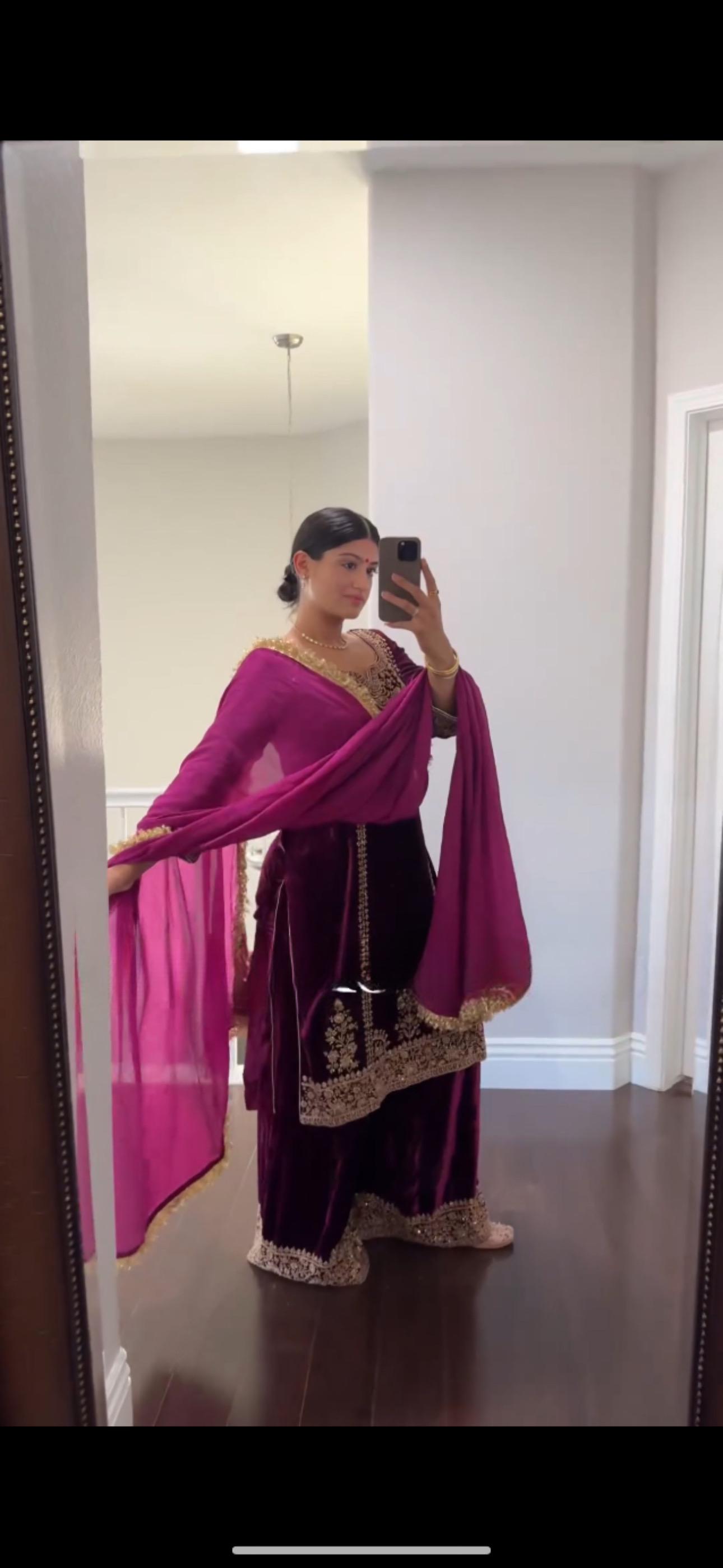 Pakistani Style Purple Color Velvet Suit Set, 3 Pc Winter Wear Velvet Kurta set