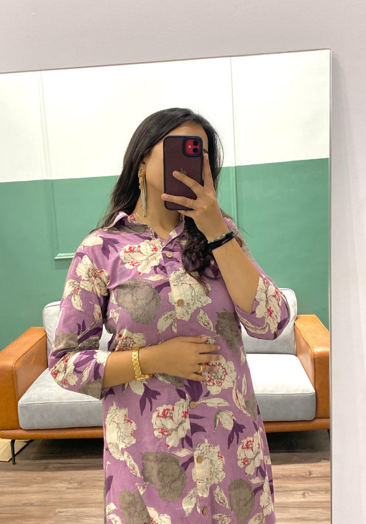 बैंगनी पुष्प मुद्रित कपास सह ऑर्ड सेट संग्रह