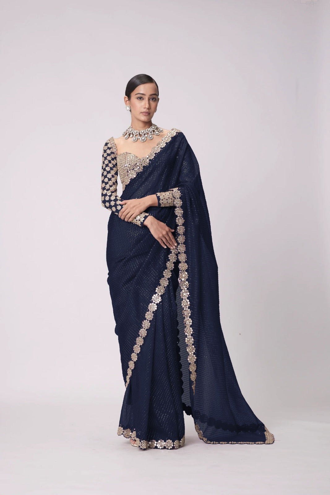 Stylish Georgette Original Mirror Blue Color Saree