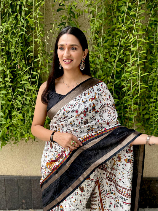 Black & White Cotton Saree with Micro Colourful Print With Unstitched Blouse