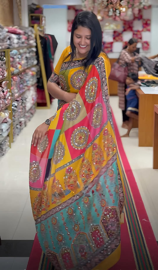 Yellow mirror Heavy Georgette saree with digital print