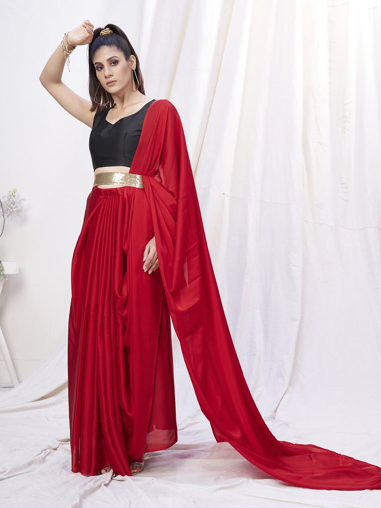 Admiral Red Pre - Stitched Blended Silk Saree - Admiral Red Pre - Stitched Blended Silk Saree