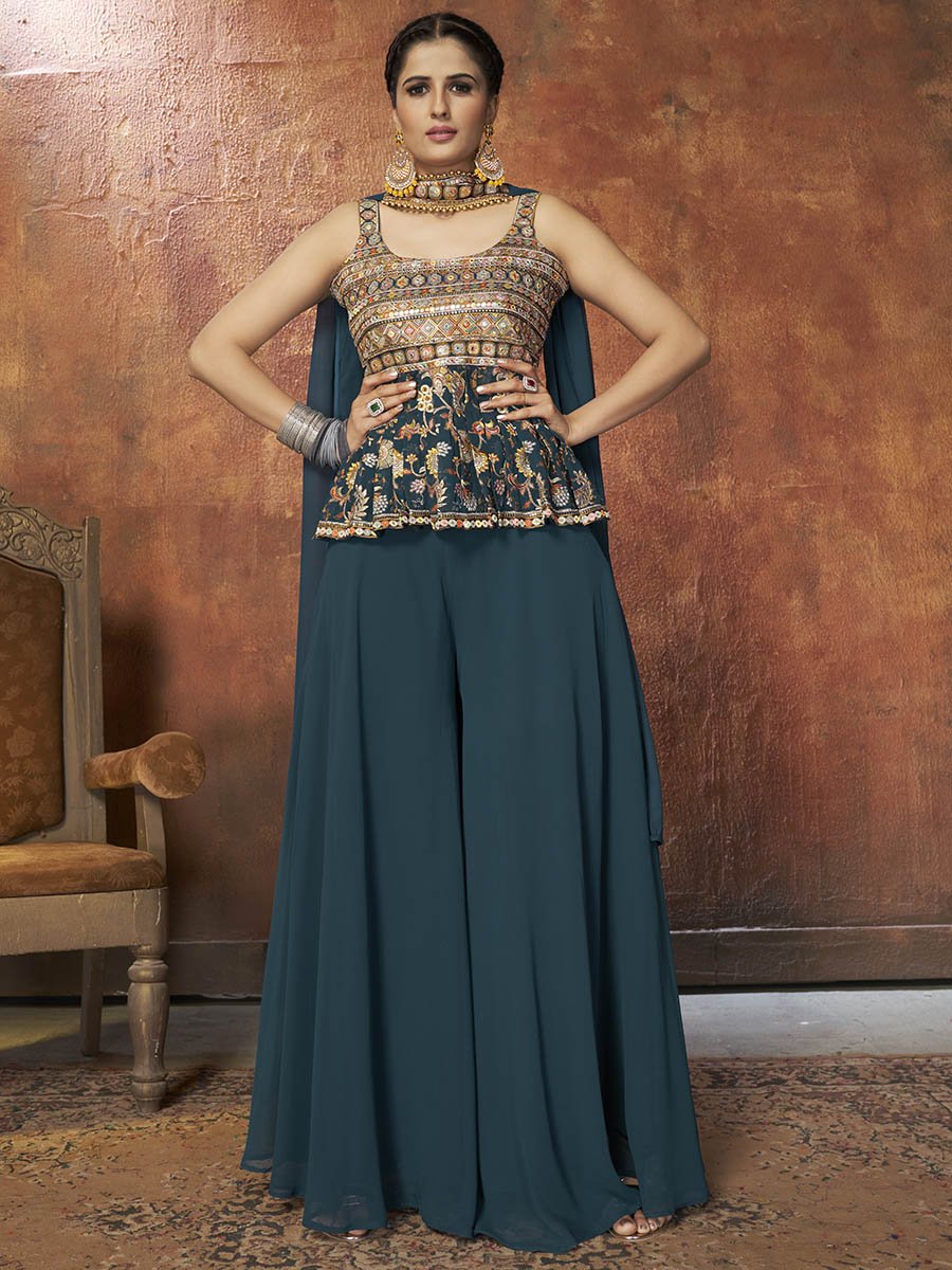 Aequa Blue Georgette Embroidered Designer Suit - Saris & LehengasAequa Blue Georgette Embroidered Designer Suit
