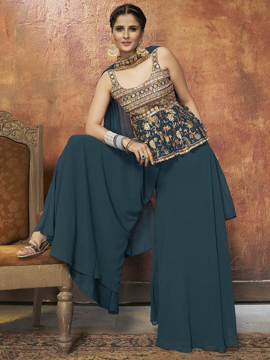 Aequa Blue Georgette Embroidered Designer Suit - Saris & LehengasAequa Blue Georgette Embroidered Designer Suit