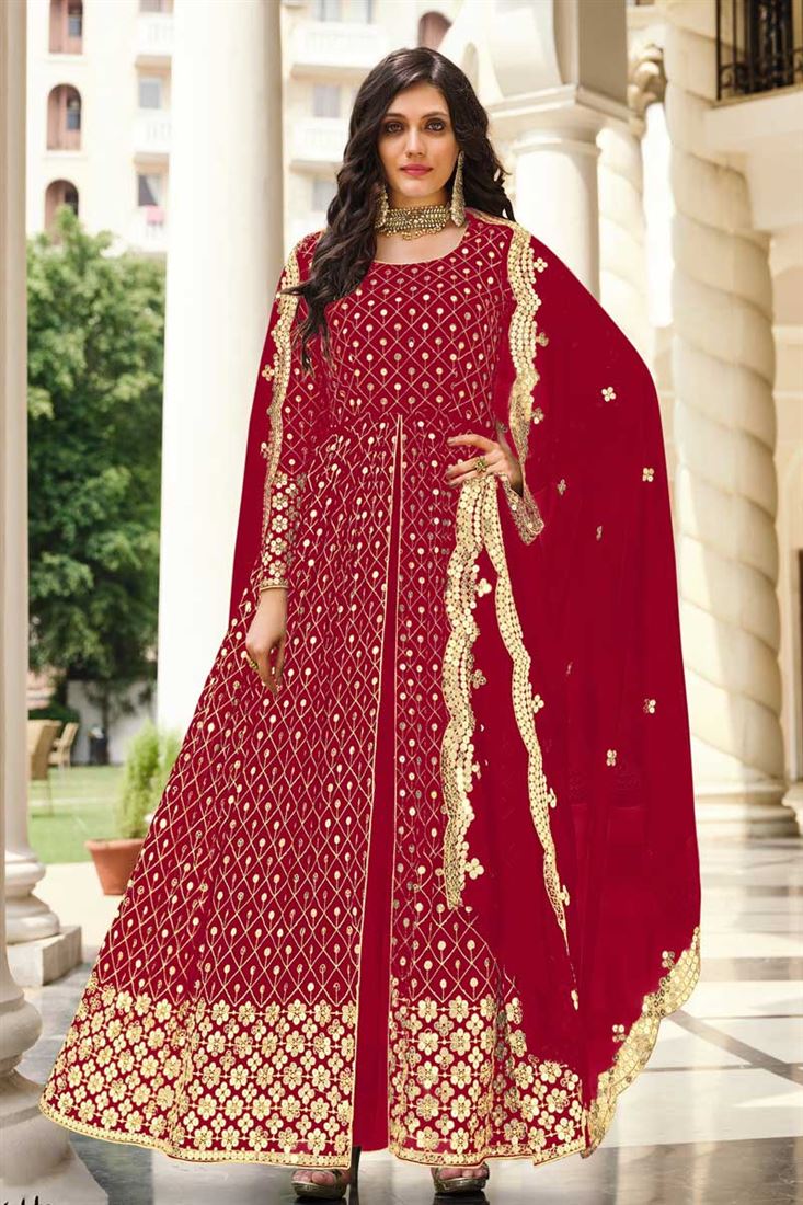 Alluring Georgette Fabric Red Color Party Style Anarkali Suit - Salwar KameezAlluring Georgette Fabric Red Color Party Style Anarkali Suit
