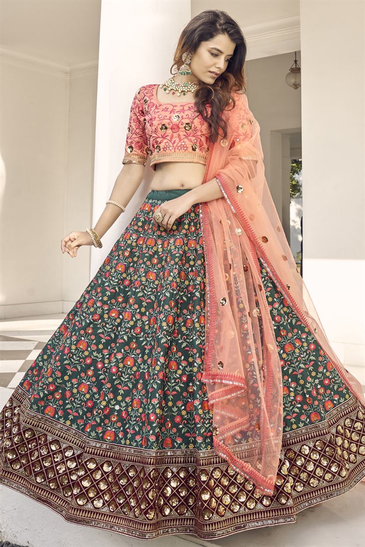 Alluring Heavy Art Silk Fabric Dark Green Color Lehenga With Embroidered Work - Lehenga CholiAlluring Heavy Art Silk Fabric Dark Green Color Lehenga With Embroidered Work