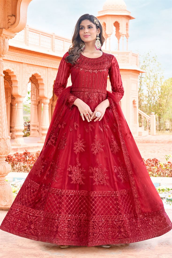 Alluring Net Fabric Red Color Embroidered Anarkali Suit - Salwar KameezAlluring Net Fabric Red Color Embroidered Anarkali Suit