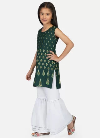 green Cotton Salwar Suit With Print Work