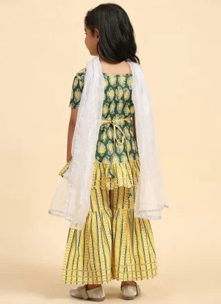 yellow Cotton Salwar Suit With Lace And Print Work