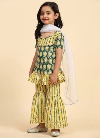 yellow Cotton Salwar Suit With Lace And Print Work