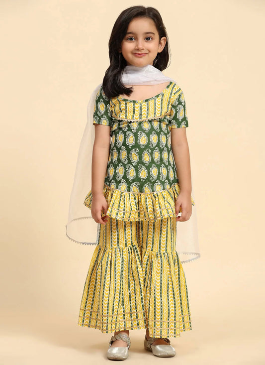 yellow Cotton Salwar Suit With Lace And Print Work