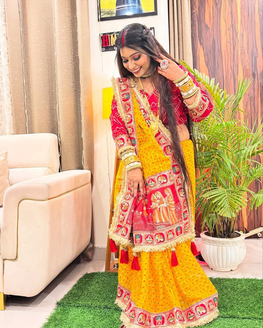 शुद्ध विस्कोस पीले रंग की सौभाग्यवती भव घाटचोला साड़ी