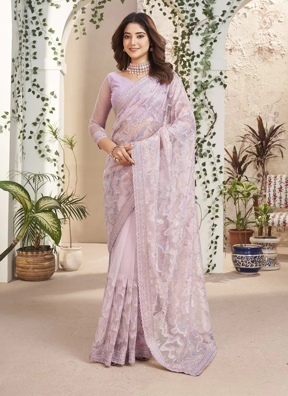 Embroidered And Sequins Work Fancy Fabric Classic Saree In Lavender For Engagement