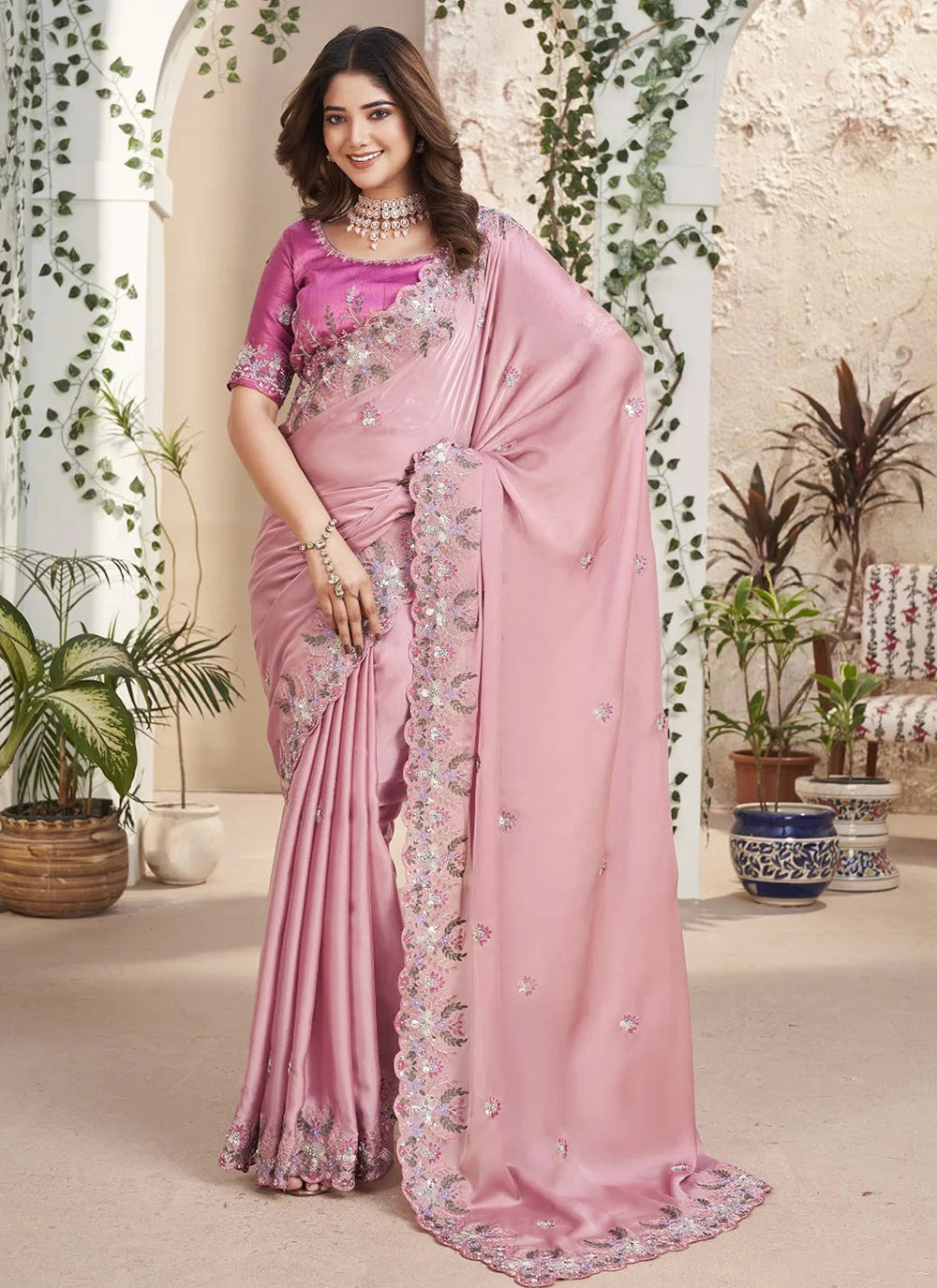 Fancy Fabric Contemporary Saree With Diamond, Embroidered And Sequins Work