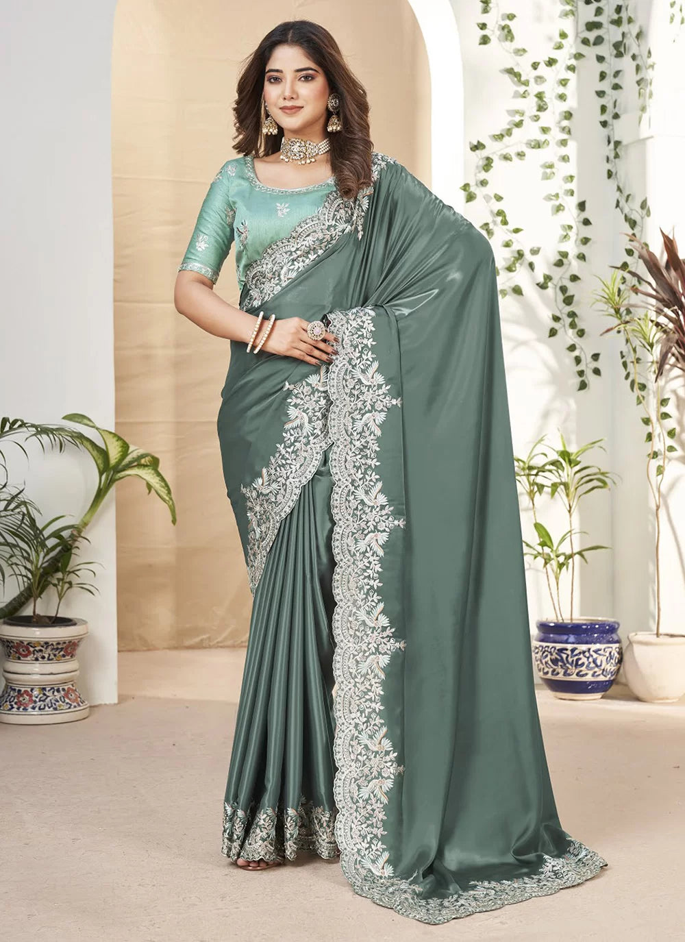 Fancy Fabric Contemporary Saree With Patch Border And Embroidered Work