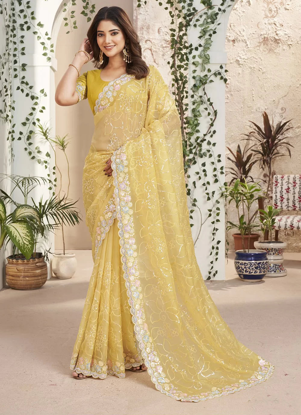 Fancy Fabric Trendy Saree In Yellow