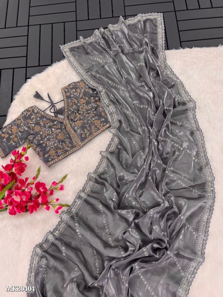 (Full stitching blouse)Pure soft zimmy choo silk sarees with amazing 3 mm sequence work - (Full stitching blouse)Pure soft zimmy choo silk sarees with amazing 3 mm sequence work